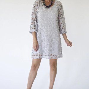 Above the Knee Dress 2 Piece Crochet Knit 3/4 Sleeve Pull-On Silver/Gray